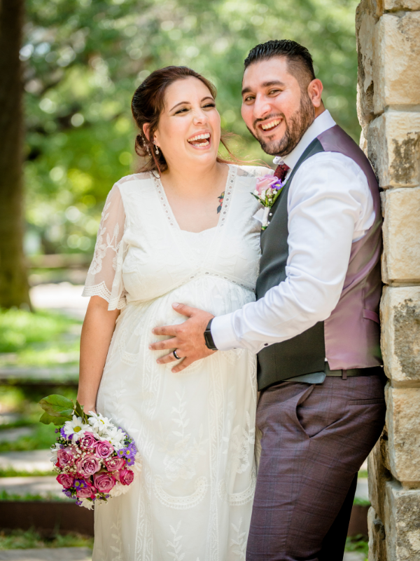 Mayfield Park Everlasting Elopements couple laughing at camera under arch at Mayfield Park